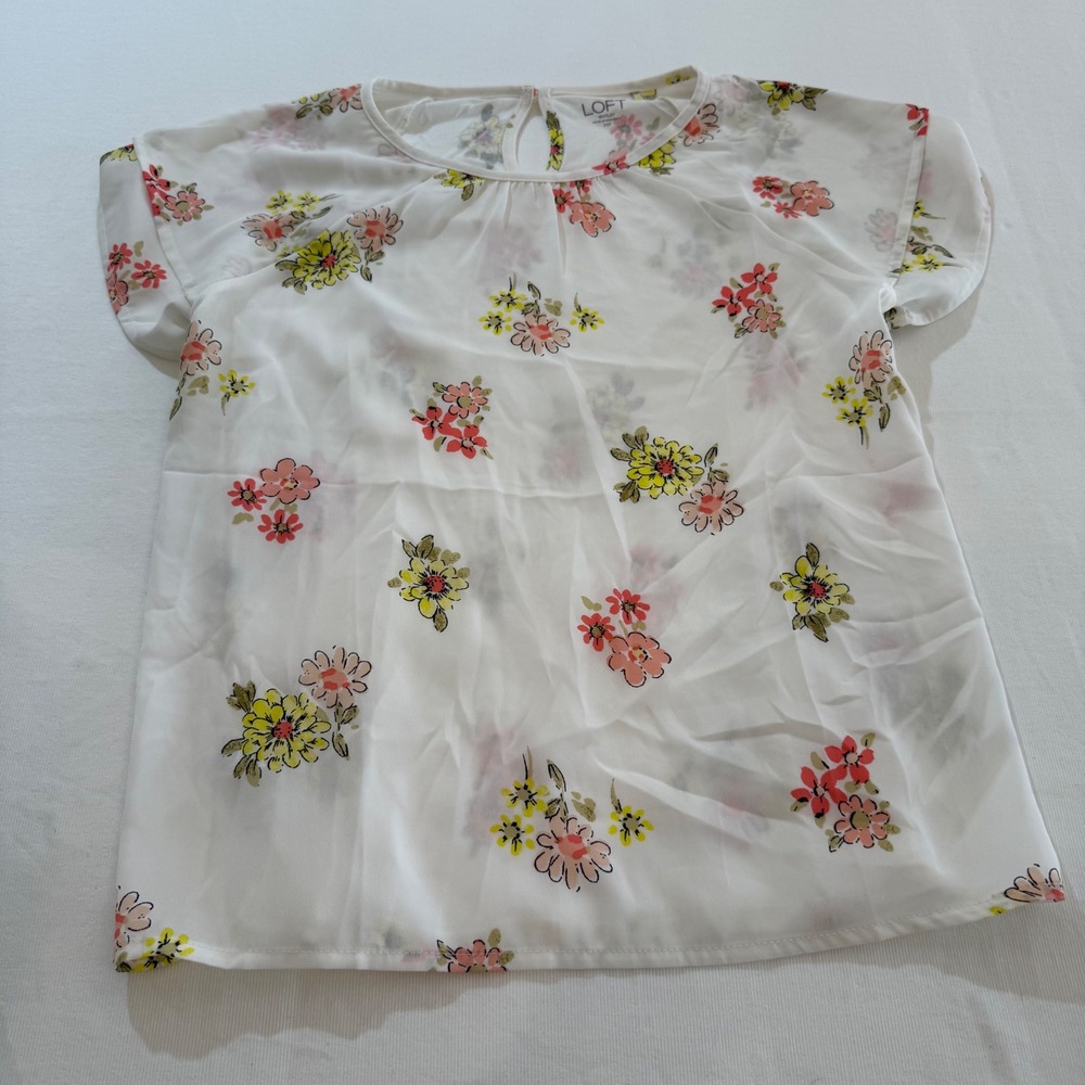 LOFT Floral Print Top‎ White Peach Yellow Women's XSP Short Sleeve Blouse